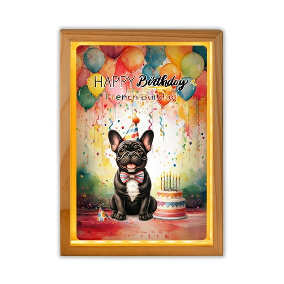 Happy Birthday to French Bulldog Kitten Party Balloons Cake Acrylic Plaque with Wood Photo Frame Box Dog Lover Gifts Light Box - 00027