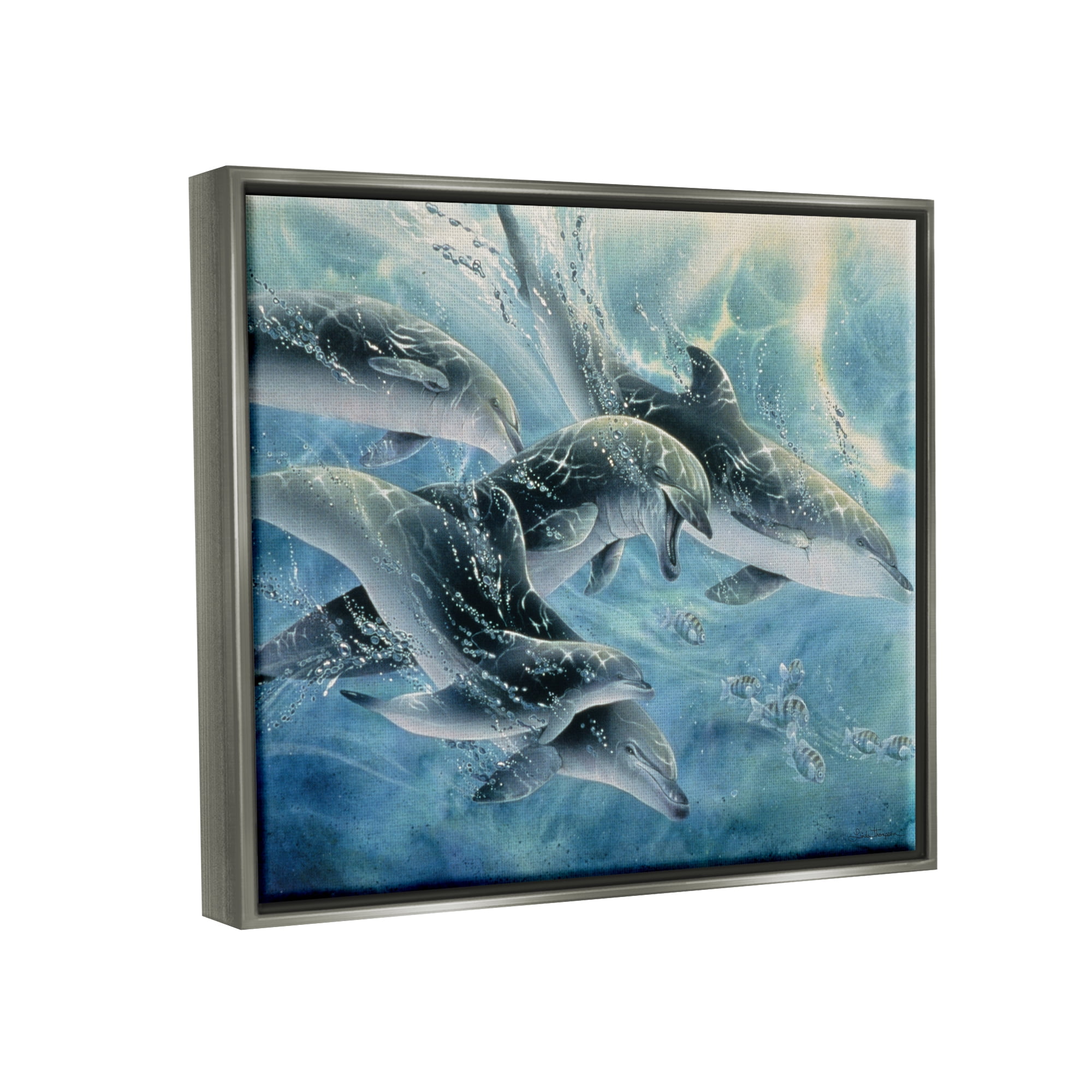Stupell Industries Playful Passage Dolphins Swimming Coastal Painting Gray Floater Framed Art Print Wall Art