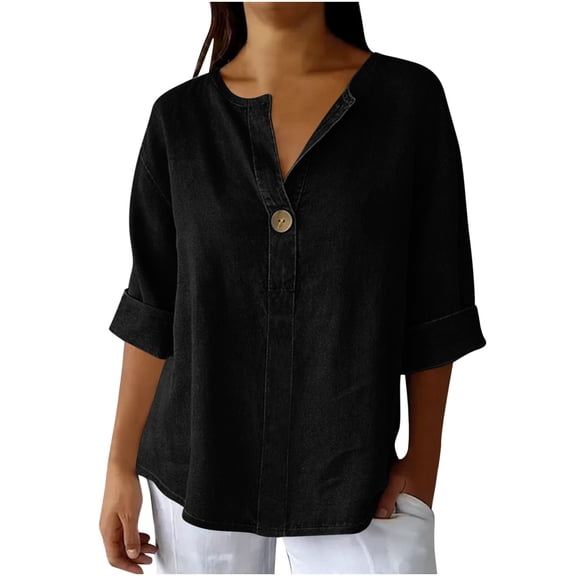 SAFUNY Women's Short Sleeve Collared Neck Denim Blouse Relaxed Lightweight Summer Daily Casual Top Black L