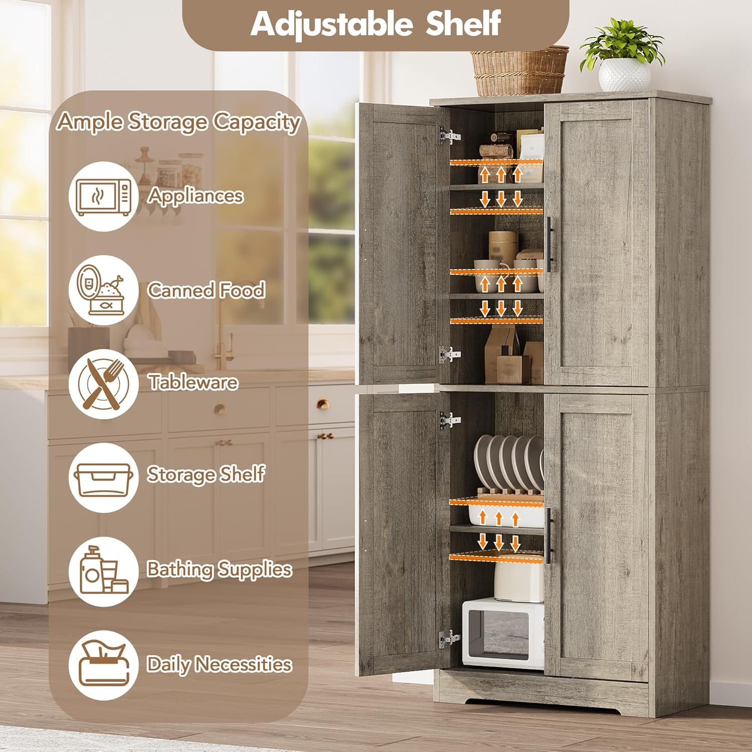 70 Inch Tall Kitchen Pantry Cabinet, Freestanding Storage Cabinet with 4 Doors and Adjustable Shelves, Utility Hutch Cupboard for Dining Room, Bathroom, Living Room