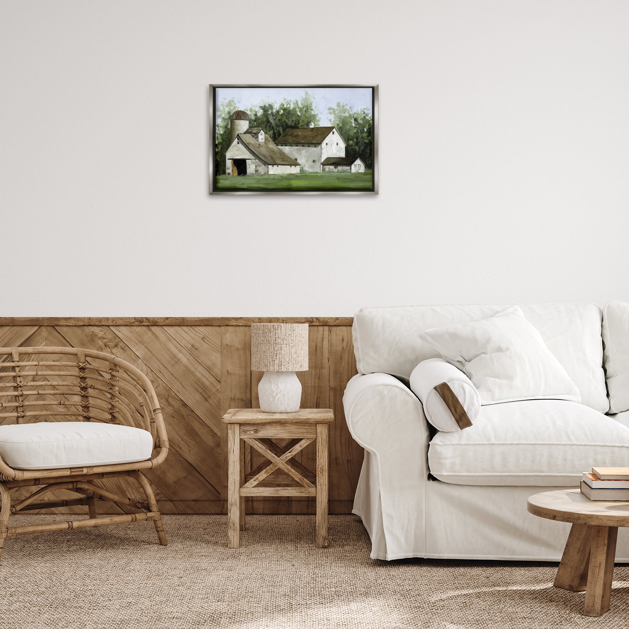 Stupell Industries White Barn Farmhouse Landscape Painting Gray Floater Framed Canvas Art Print Wall Art, 25 x 17