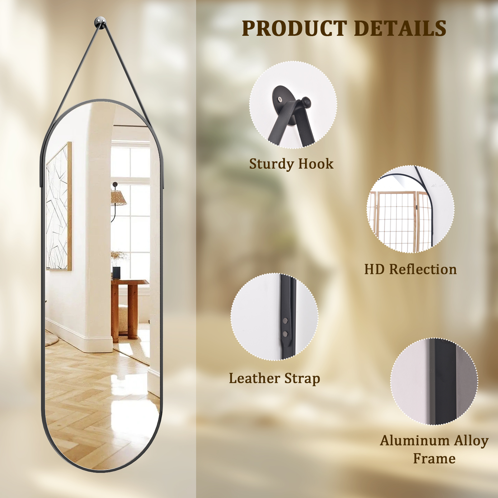BEAUTYPEAK 48x16 Oval Hanging Wall Mirror with Leather Strap photo 8