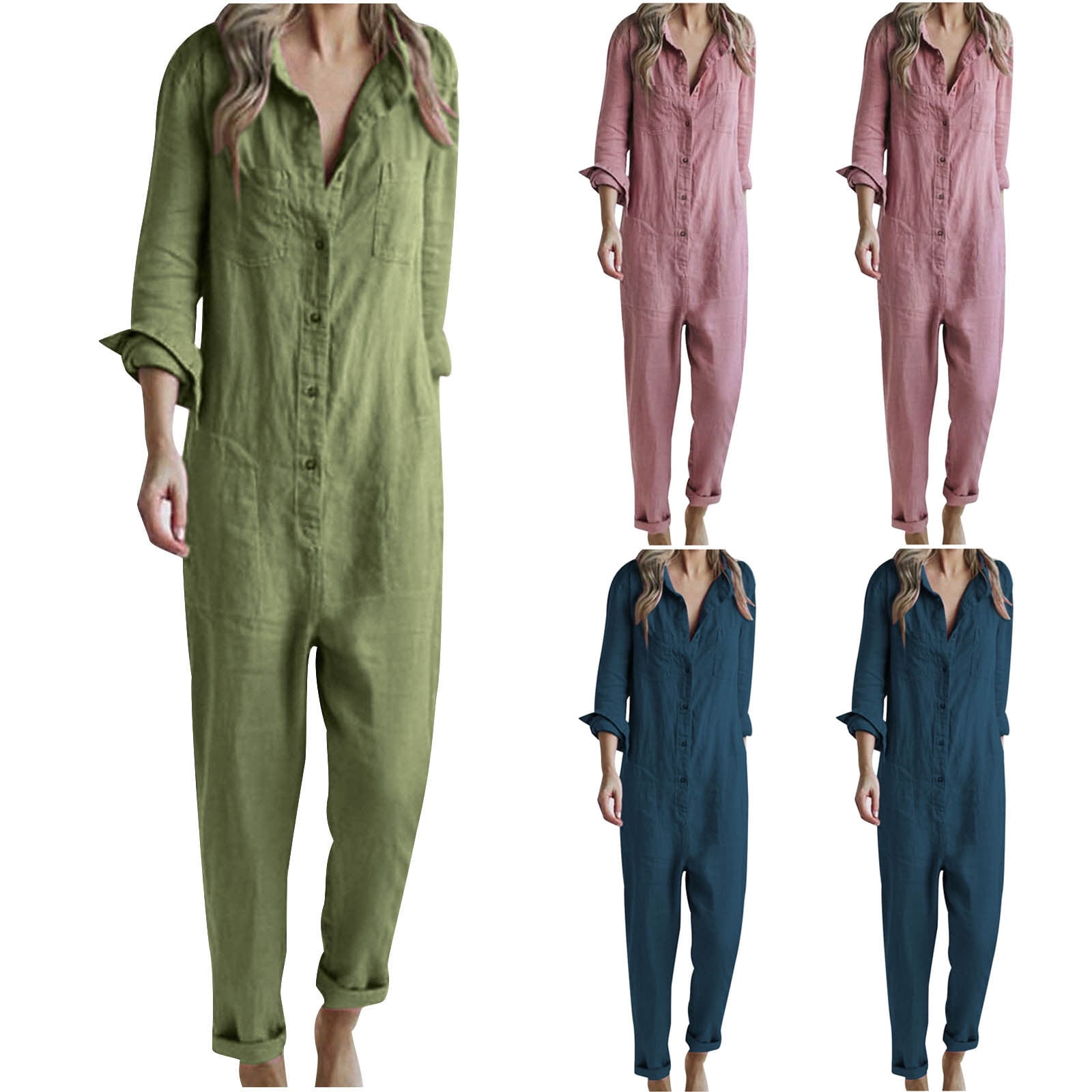 Lovskoo 2024 Women Linen Button Down Shirt Romper Long Sleeve Wide Leg Slim Jumpsuit Beach Pants One Piece Jumpsuit Navy Walmart