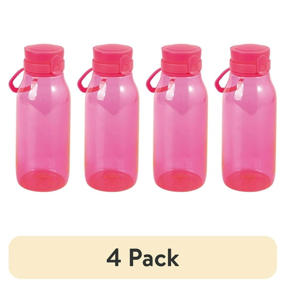 (4 pack) Your Zone 16 Fluid Ounces Plastic Water Bottle with Flip Top Chug Lid, No Straw, Pink, Reusable