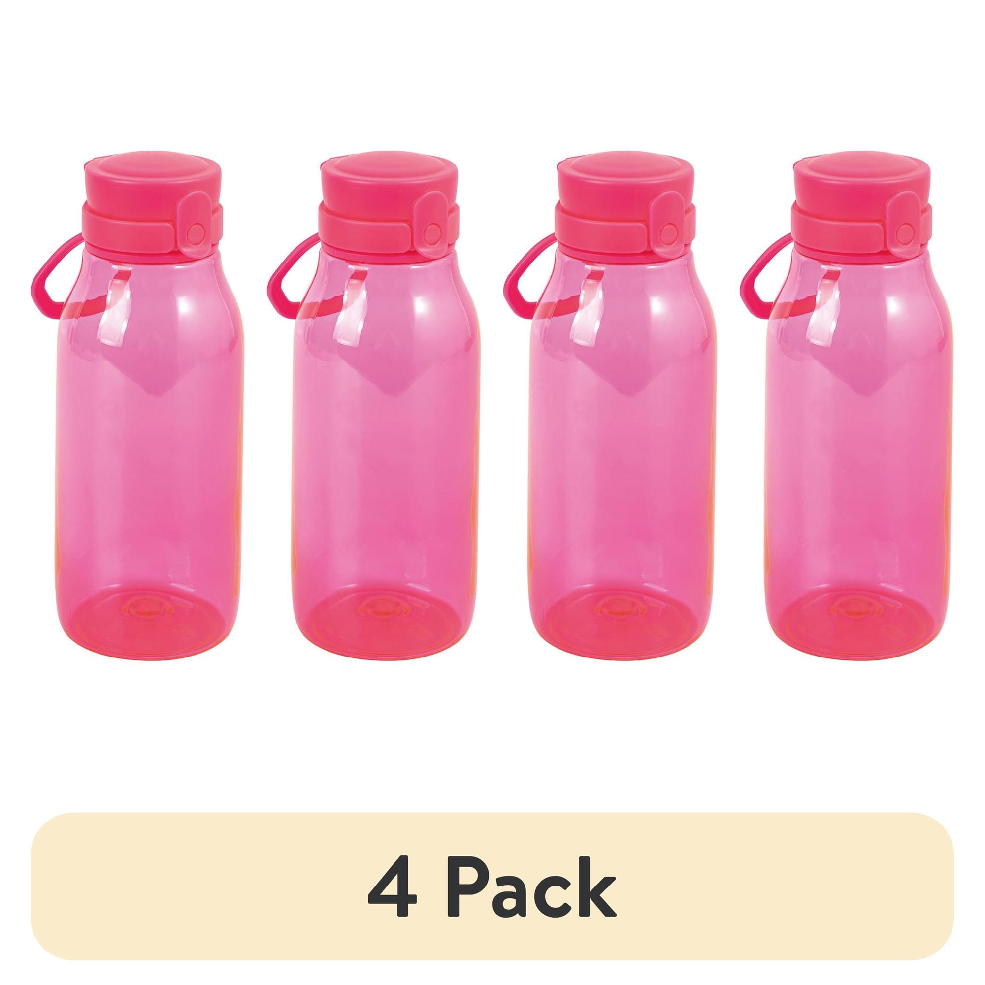 (4 pack) Your Zone Kids Water Bottle, 16oz Plastic Bottle with Flip Top Chug Lid, BPA-Free, Pink