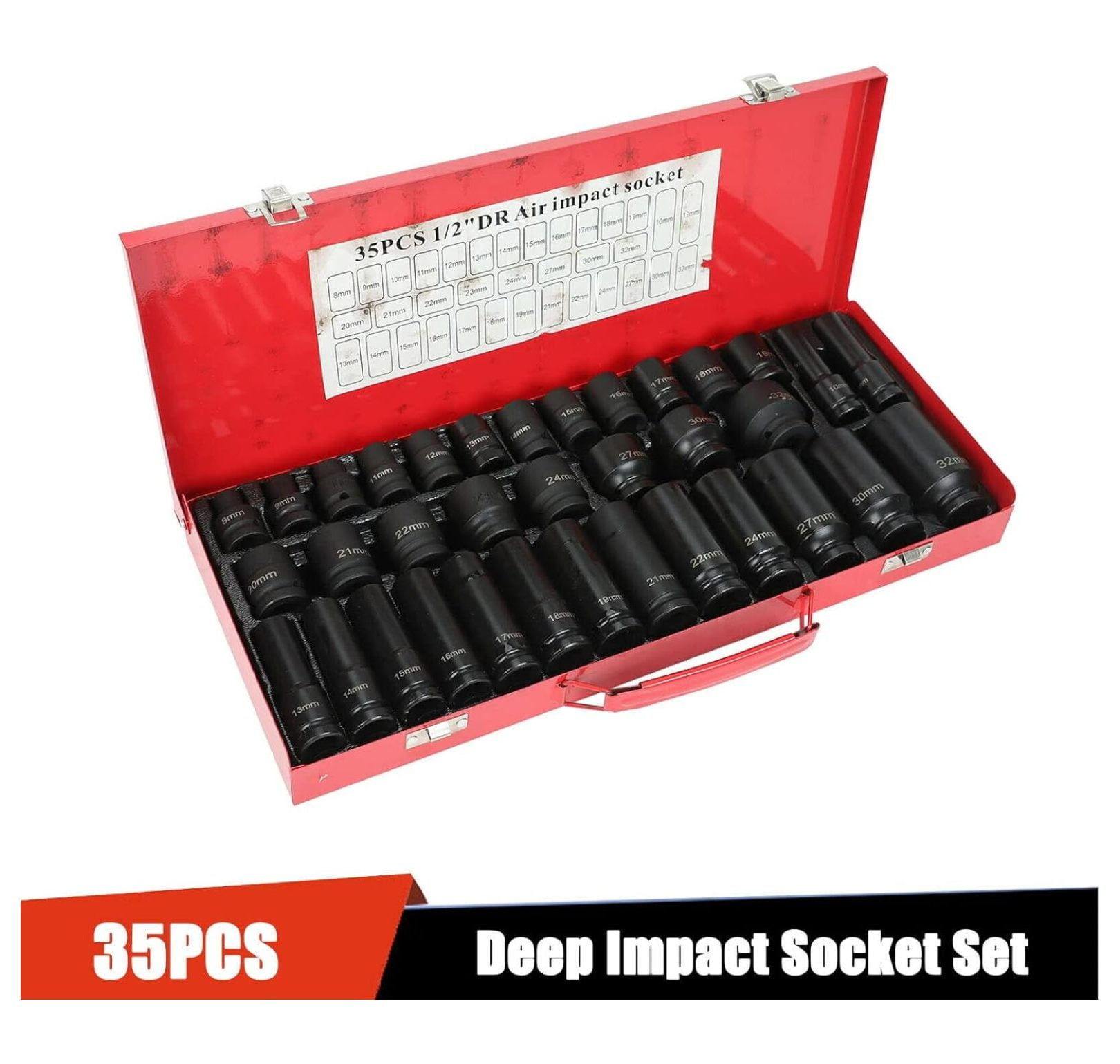 35PCS 1/2 Inch Drive Deep Impact Socket Set 6 Point Sockets Garage Workshop Tools Truck Repair Hand Tools 8-32MM