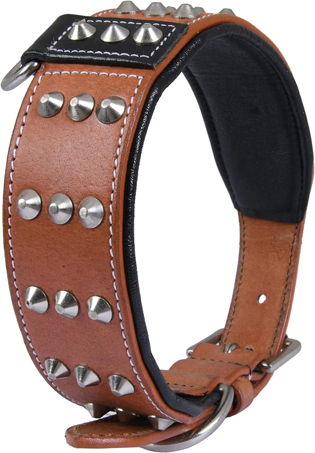 DowgClub | Genuine Leather Dog Collar with Riveted Spikes | Saddle Grade, Full Grain, Heavy Duty | Comfortable, Cushion Padding Inside, Strong | Best for Medium, Large, XL Breeds