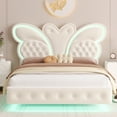 thumbnail image 3 of Homfa Full Size Velvet Upholstered Bed with LED Lights, Floating Platform Bed Frame with Butterfly Crystal Button Tufted Headboard, Beige, 3 of 7