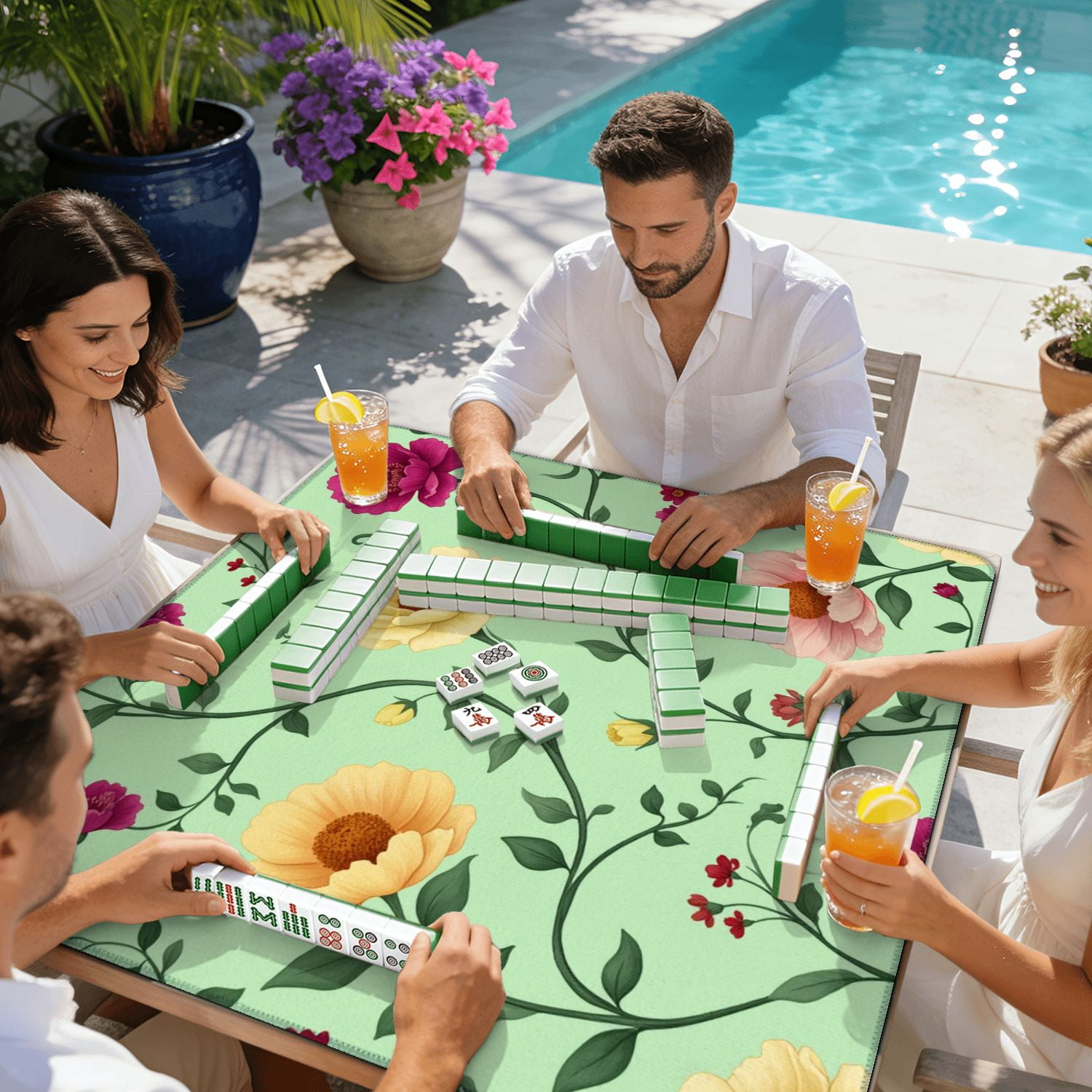 Mahjong Mat 31.5" x 31.5" Elegant Floral Colorful Blooms Green Vines Pastel Non-Slip Noise Reduction American Mahjong Tiles Table Cover for Dominoes Poker Card Board Games Gift