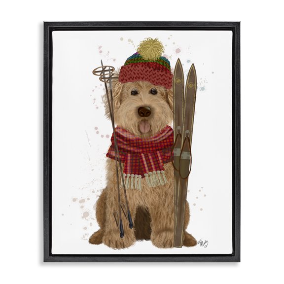 Stupell Industries Dog with Winter Skis Animals & Insects Painting Black Floater Framed Canvas Art Prints Wall Art, 17 x 21