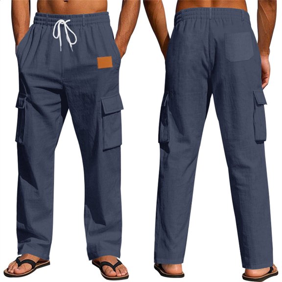 Gytharion Mens Solid Color Cargo Pants Elastic Waist Drawstring Multiple Pockets Casual Trousers For Daily Outdoor Wear Fashionable Cotton Linen Pants