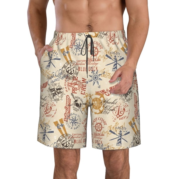 Balery Vintage Nautical Traje de Baño Estilo Hawaiano para Hombre, Shorts de Secado Rápido con Bolsillos-3X-Large