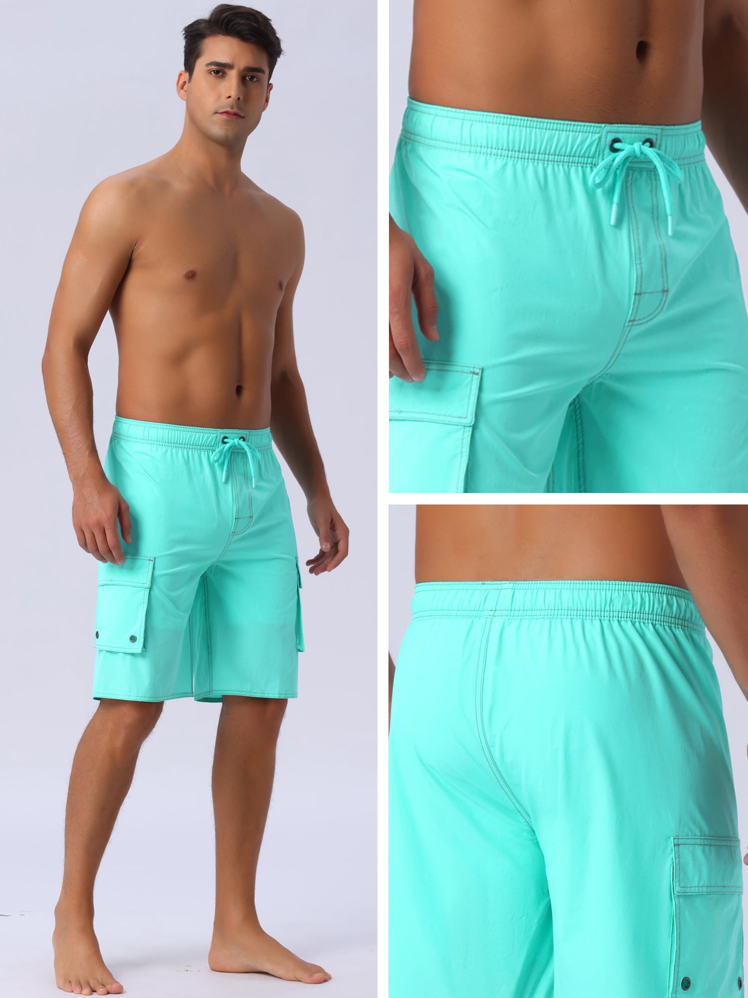 DARING DIVA Men's Solid Color Side Pockets Lining Summer Board Shorts 32 Light Green