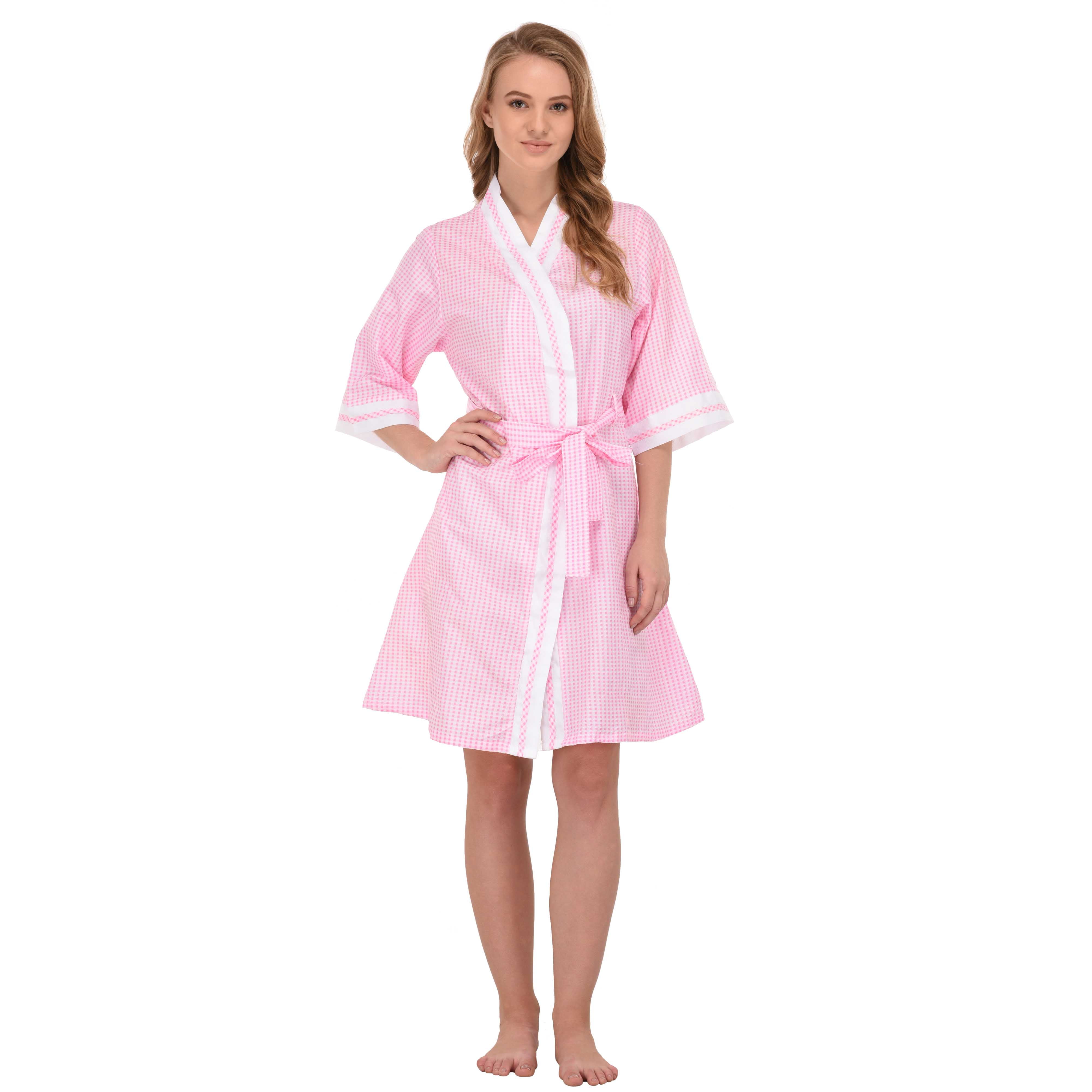 EZI Women's 'Stacy' Gingham Cotton Short House Robe,Pink,Large