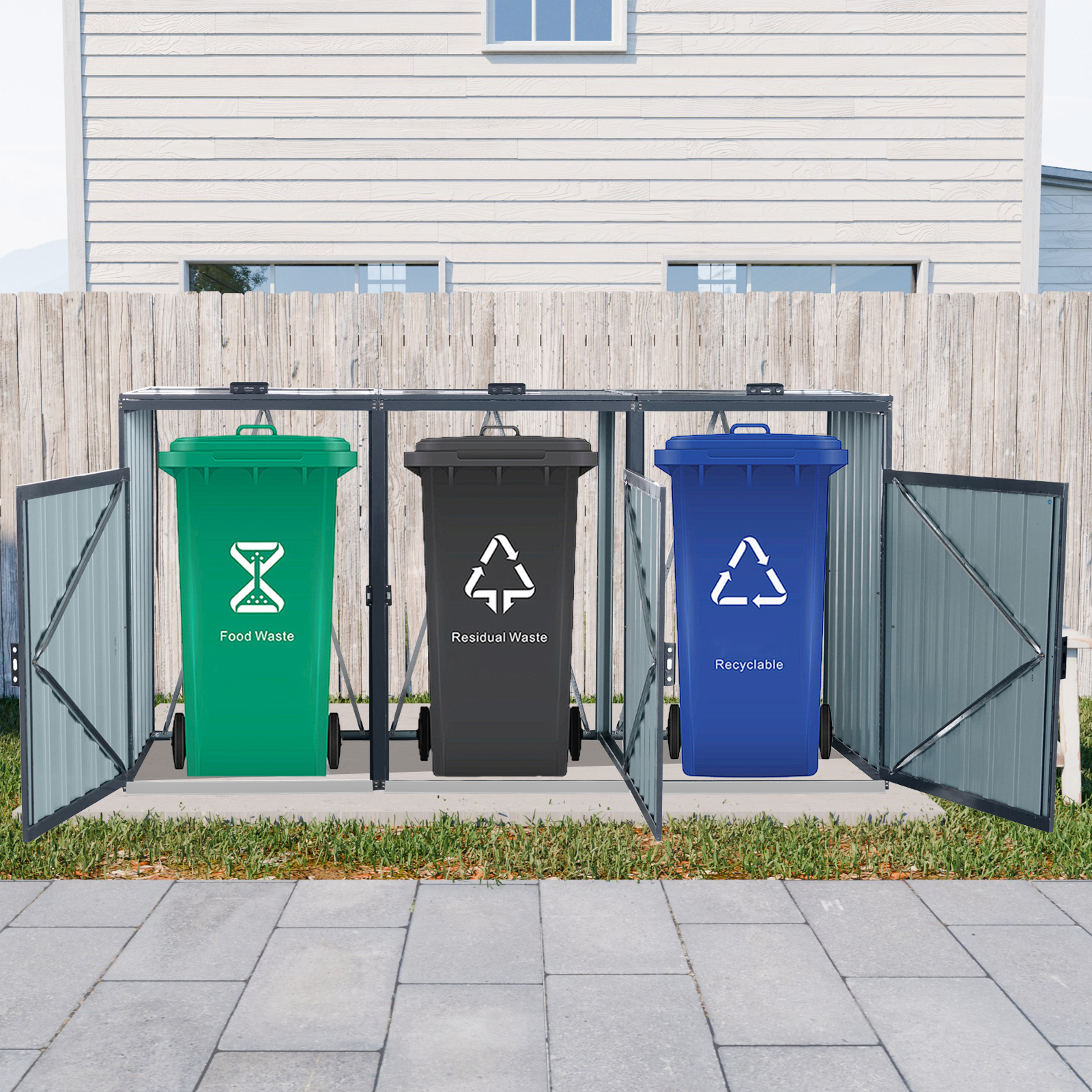 Outdoor Metal Garbage Bin Shed, Lockable Waterproof Storage Shed for 3 Trash Cans, Patio Waste Enclosure