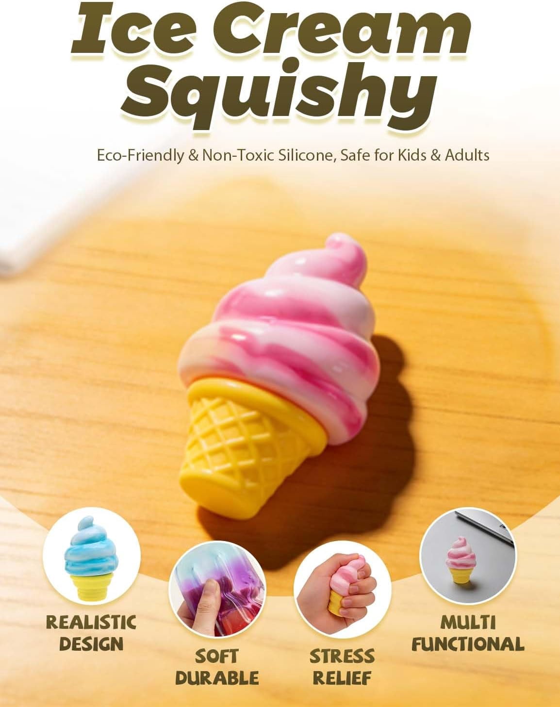 Rongyun 3pc Ice Cream Squeeze Squishy Ice Cream Cone Squishy Stress Squeeze Balls Slow Rise Sensory Fidget Gift for Friends & Party Favors