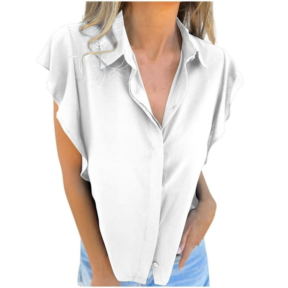 Yanlir Vacation Clothes Women's V-Neck Sleeveless Pleated Leaf Print Blouse Summer Dressy Solid Color Fashion Tops 2025 Party and Beach Wear(White,2XL)
