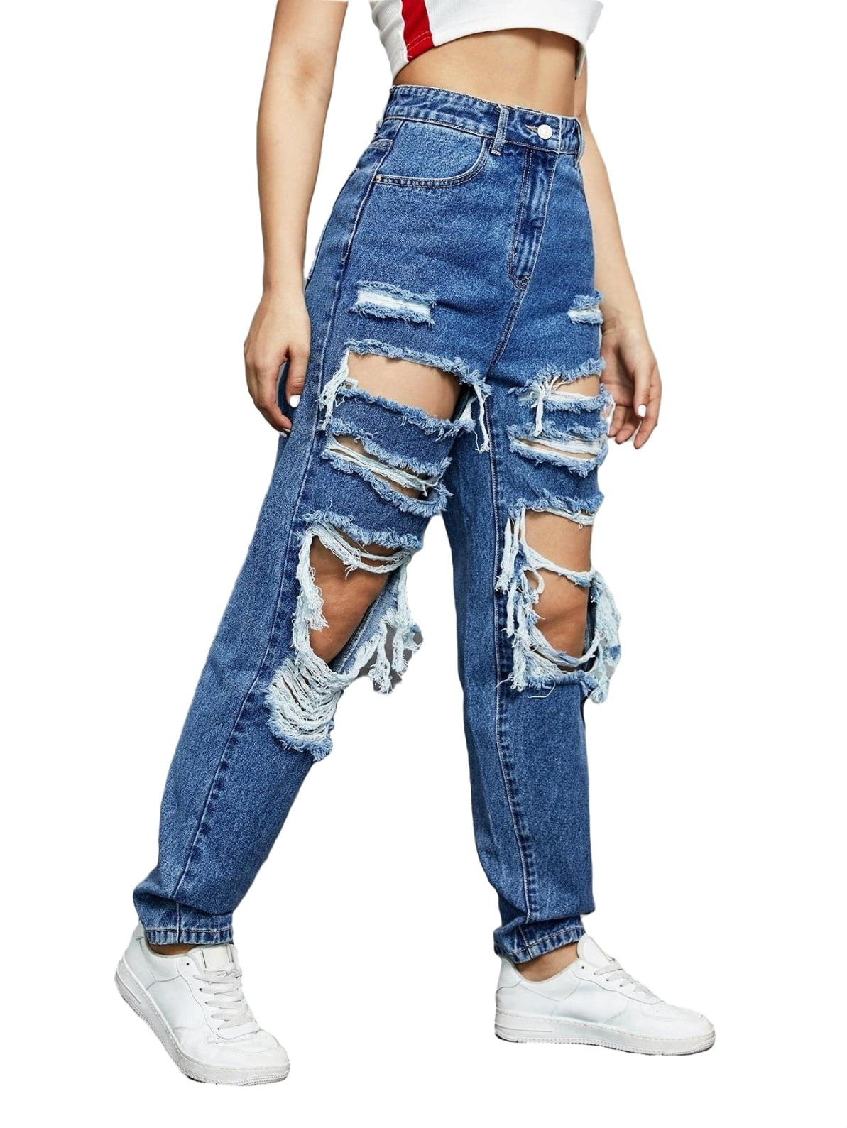 Women's Trendy High Waist Ripped Jeans Casual Denim Pants - Walmart.com
