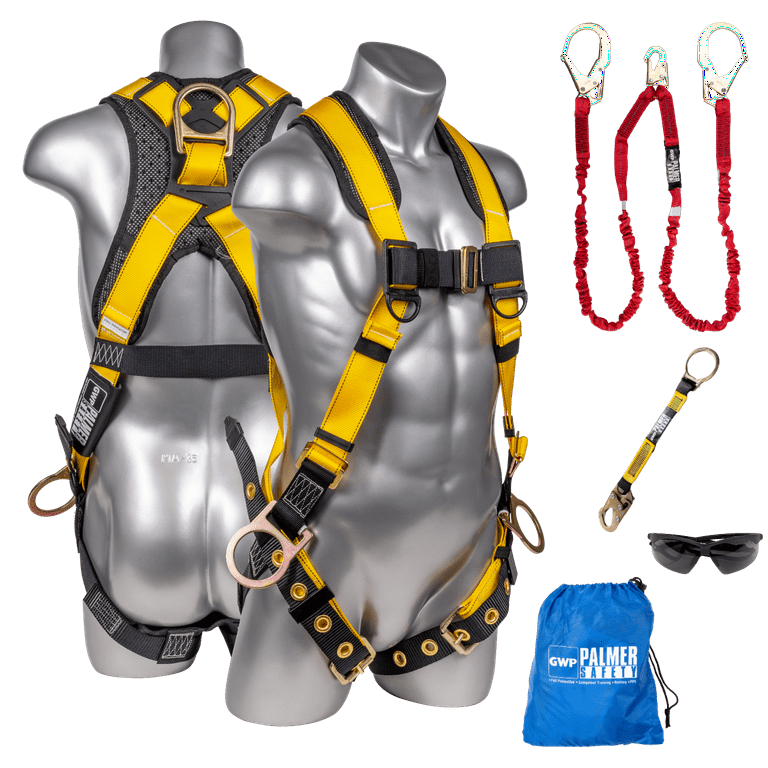 Palmer Safety Fall Protection Safety Harness Kit I 5pt Full Body, 6' Double  Lanyard, 18 D-Ring Extender I Dorsal & Sides D-ring I OSHA ANSI Compliant  Personal Equipment (Yellow - Universal) 