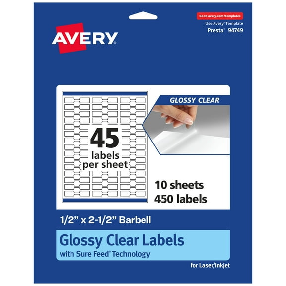 Avery Glossy Clear Barbell Labels, .5" x 2.5", 450 Labels