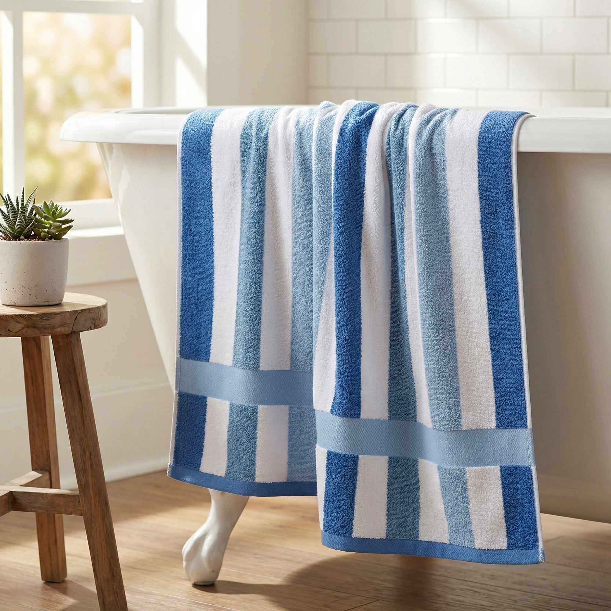 Unique Bargains Absorbent Stripe Ultra Soft Cotton Bath Towel Royal Blue 55" x 28"