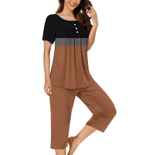 Sexy Pijama Conjunto para las Mujeres, Cuello Redondo Blusa de Manga Corta Y Pantalones, Traje de Moda Casual