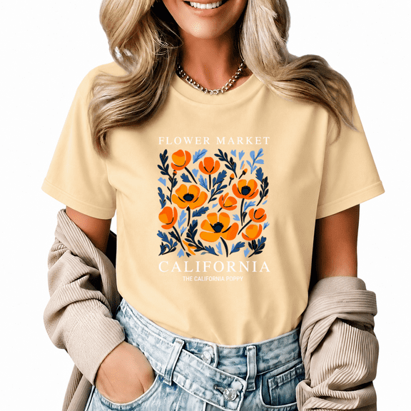Giffimy Women's Flower Market California Poppy Floral Art Graphic Short Sleeve T-shirt Loose Fit Casual Everyday Tee