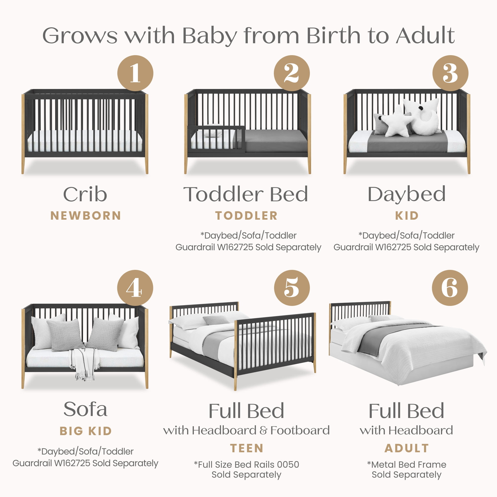 Delta Children Casey 6-in-1 Convertible Baby Crib, Charcoal Grey