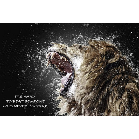 EzPosterPrints - Most Popular Lion Theme Quote Posters - Power Strength Brave Beast Motivational Quotes Poster Printing - Wall Art Print for Home Office - NEVER-GIVE-UP - 18X12 inches
