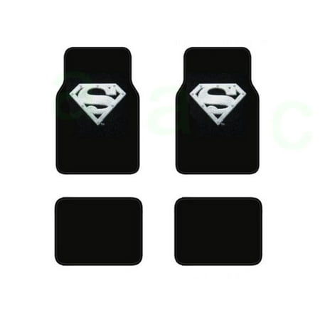 A Set of 4 Universal Fit Plush Carpet Floor Mats For Cars / Trucks - Superman Silver Shield, Official License Product By BDK From USA