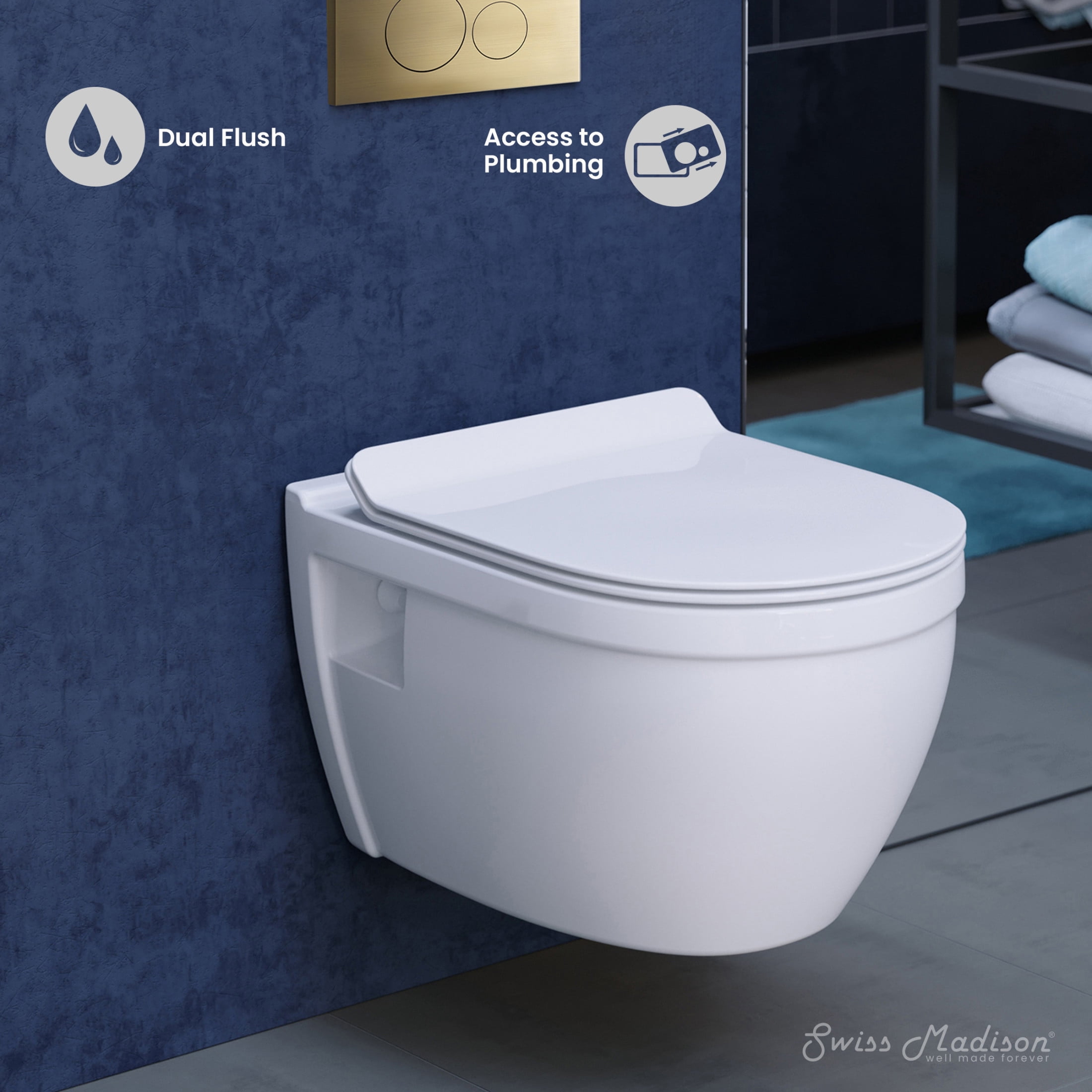 Ivy Wall-Hung Toilet Bundle 0.8/1.6 GPF Dual Flush in Glossy White with Brass Flush Plate