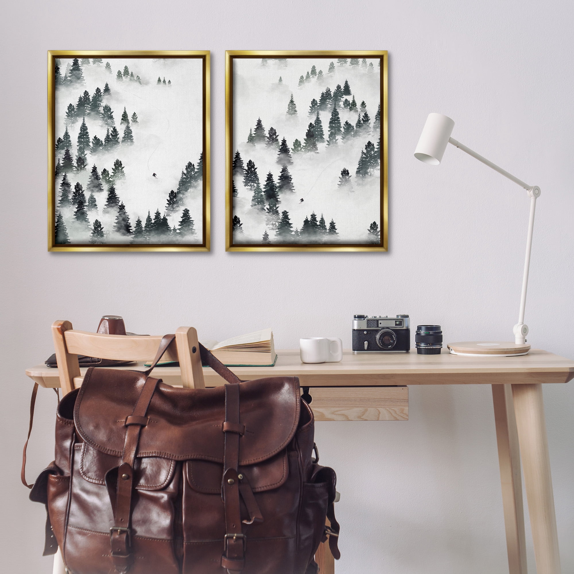 Stupell Industries Winter Ski Slopes Mountain Landscape Painting Gold Floater Framed Canvas Art Print Wall Art, 25 x 31, Set of 2