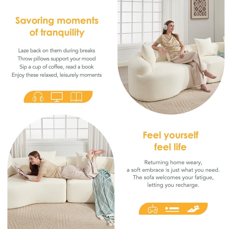 Curved Sectional Sofa with 4 Throw Pillows, Modern Luxury Chenille 4-Seater Cloud Couch with Deep Seat for Living Room, No Assembly Needed