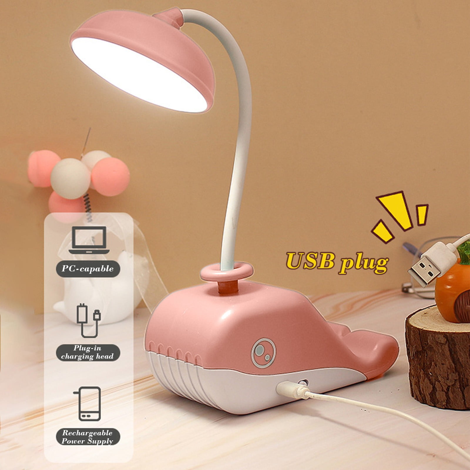 USB Rechargeable LED Desk Lamp with Pen Holder & Phone Stand, Flexible Gooseneck, Adjustable Brightness, Eye-Caring Light for Student Dorm, Bedroom, Reading
