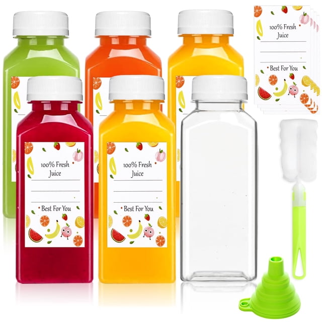 Botellas de plástico para zumo Leaflai, paquete de 6, 355 ml, tapas reutilizables