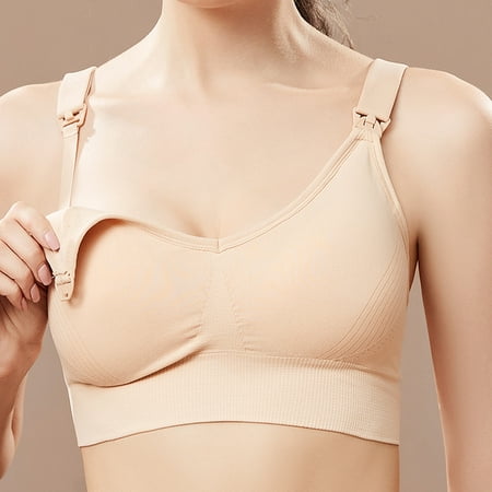 LYEAA Womens Maternity Nursing Bra Wireless Bras for Breastfeeding Pregnant Solid Openable Breathable Bras Comfort Sleep Bras Beige XL