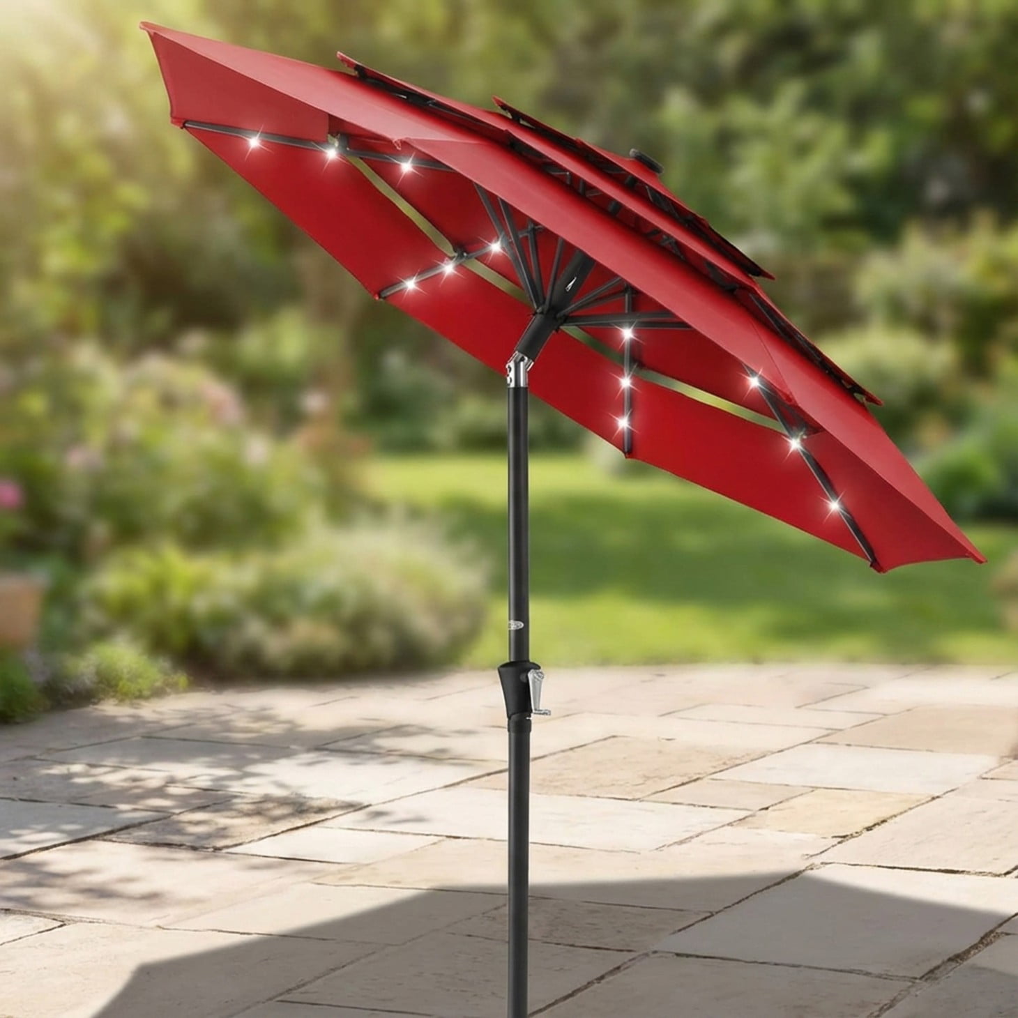 EdX 9.2 FT 3-Layer Solar Patio Umbrella, 32 LED Lights Market Umbrella with Adjustable Tilt, 8-Rib Outdoor Sunshade for Backyard, Deck and Poolside (Red/Navy Blue/Khaki)