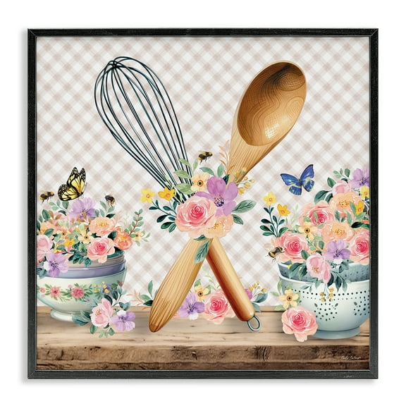 Stupell Industries Crossed Utensils on Gingham Food & Beverage Painting Black Framed Art Print Wall Art, 12 x 12
