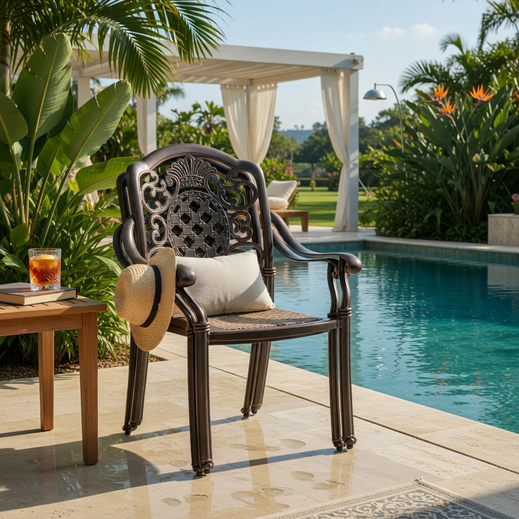 Hommoo 2-Pack Stackable Cast Aluminum Patio Dining Chairs in Red Copper, Rustproof, Weather-Resistant Outdoor Armchairs with Ergonomic Design & Adjustable Feet, Brown+Black