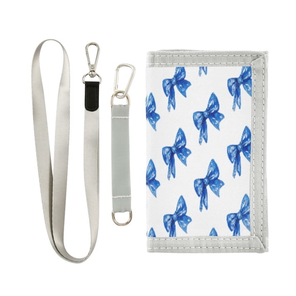 Cloth Wallet with Lanyard & Multiple Compartments Fashion Purse Zipper Clutch Bag for Cash Cards Coins Blue Bows Pattern