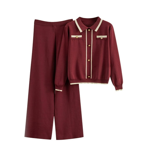 zfwon 2 Piece Outfits Women Co Ord Sets Collared Long Sleeve Jumper Tops and High Waist Trousers Loungewear 2 Piece Outfit Loose Fit Matching Sets Women Clothing Formal Casual Suits
