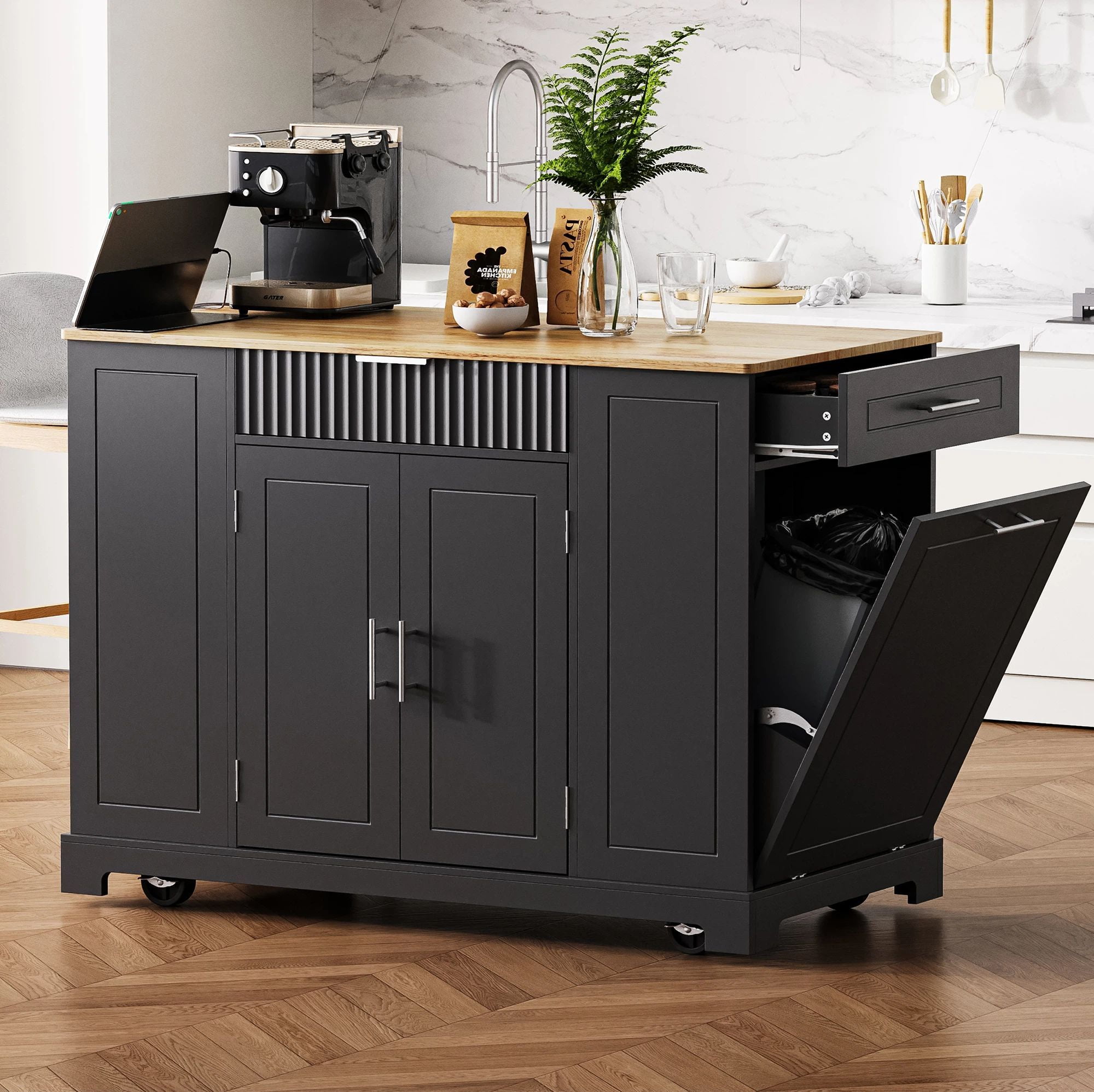 Euroco 48.5" Rolling Kitchen Island with Power Outlet, Large Kitchen Islands on 5 Wheels with Trash Can Storage Cabinet,3 Drawers,Internal Storage Rack & Open Shelves for 10 Gallon Garbage Bin,Black