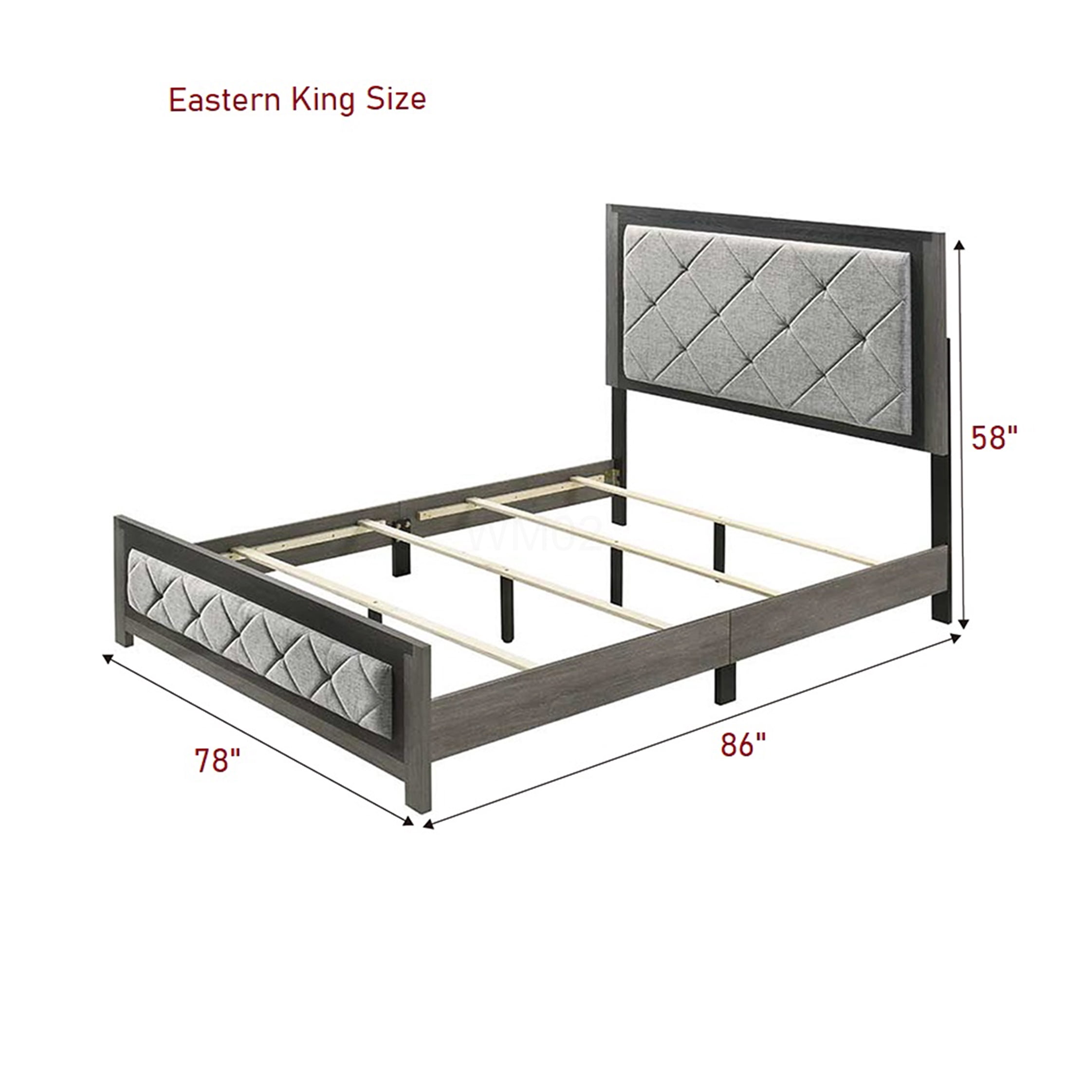 Modern Upholstered Platform Bed with Diamond Tufted Headboard, King Size Gray Linen Fabric Bed Frame for Bedroom