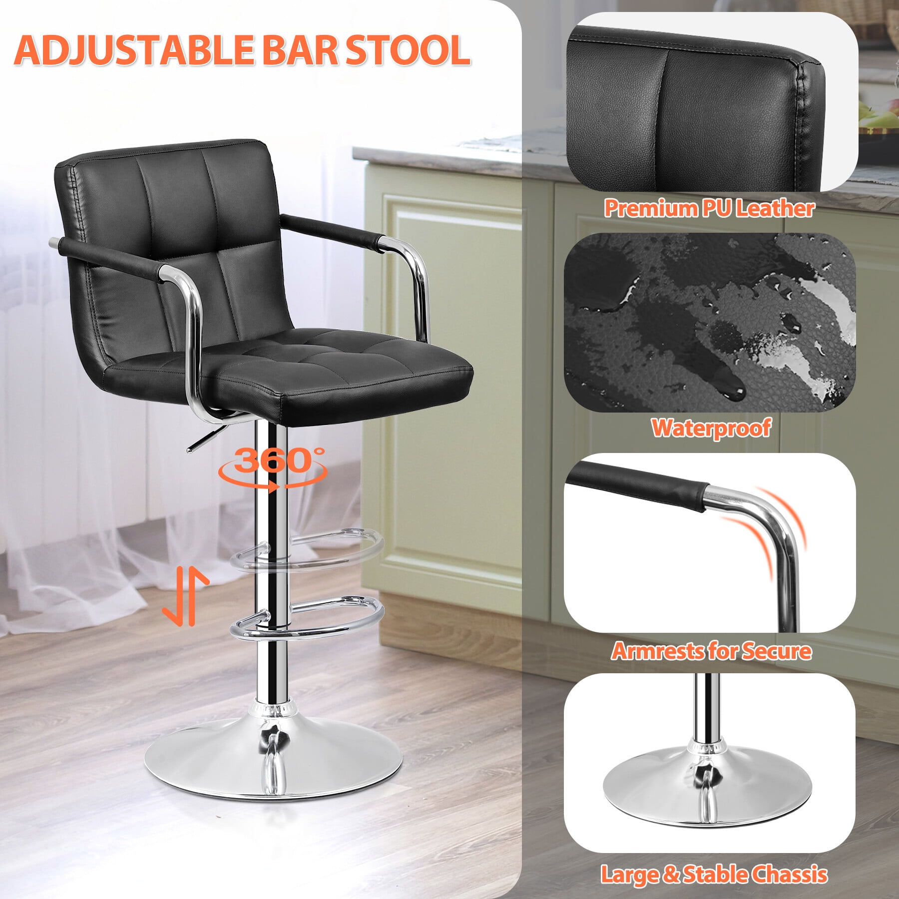 ZENY Adjustable Height Counter Bar Stools - Set of 2, Black
