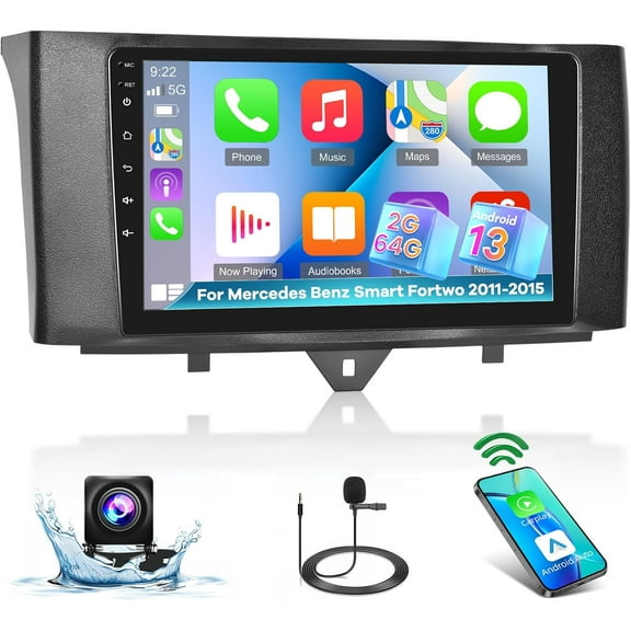[2 64G] for Mercedes Benz Smart Fortwo 2011-2015 Upgrade DSP Audio, 9 inch Touchscreen Android Car Radio - Wireless Carplay & Android Auto, GPS, 5G/WiFi, Mirror Link, SWC   AHD Backup Camera