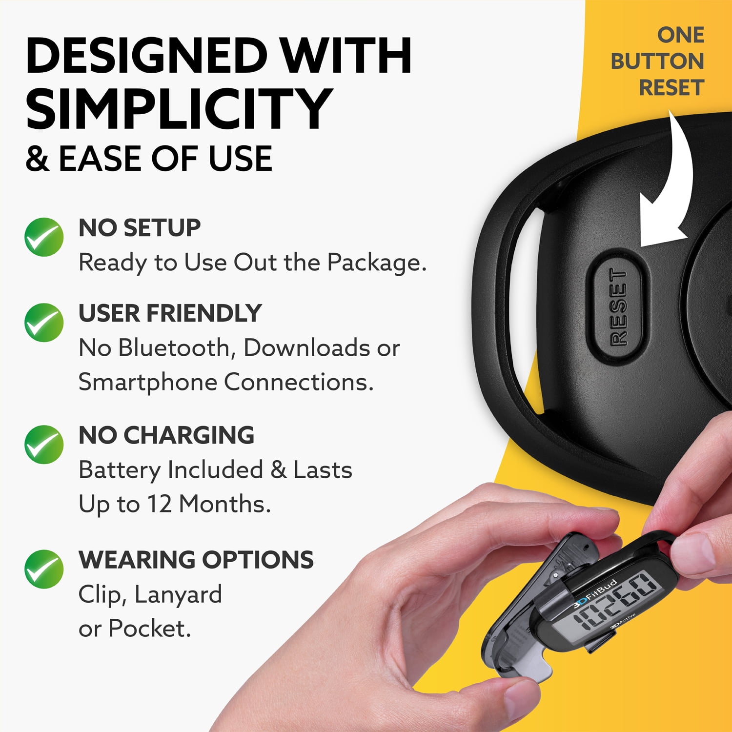 3DFitBud Simple Step Counter Walking 3D Pedometer with Clip and Lanyard, A420S (Black)