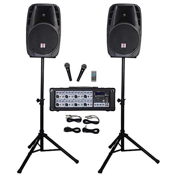 Rockville RPG2X12 Package PA System Mixer/Amp+12" Speakers+Stands+Mics+Bluetooth, 12'