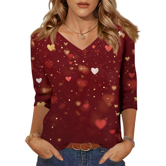 Fgvctg Womens Valentine's Day Tops Casual V Neck 3/4 Length Sleeve Shirt Date Night Pullover Romantic Tops Loose Cute Love Heart Graphic Half Sleeve Blouses Wine 2XL