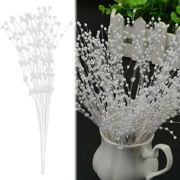 LKZQHMC 10 Pieces Pearl Stick Stems Bouquets,Bead String Garland Beaded Spray Filler Floral Arrangements Tree Picks Wedding Party Decoration (White)
