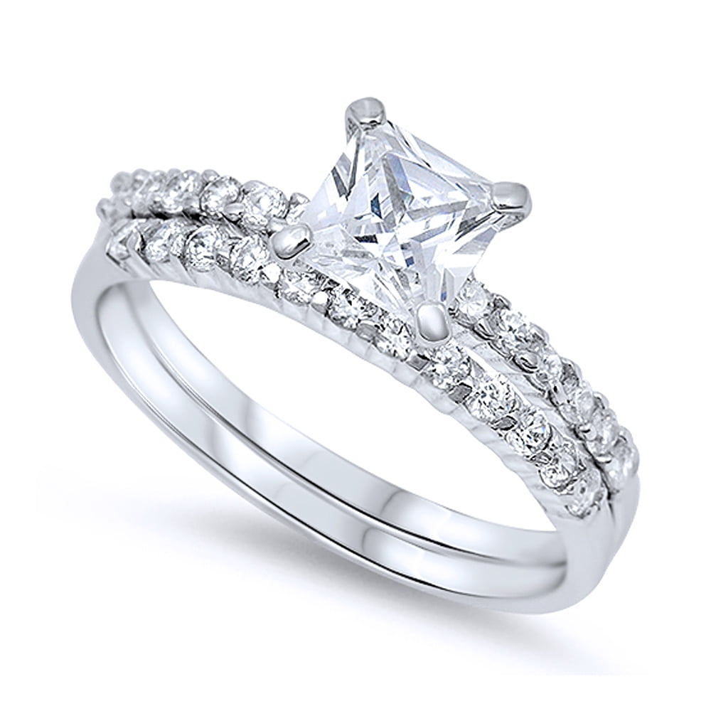 2 pcs Women Wedding Engagement Ring Set Princess Cut CZ STAINLESS STEEL Size5-11 